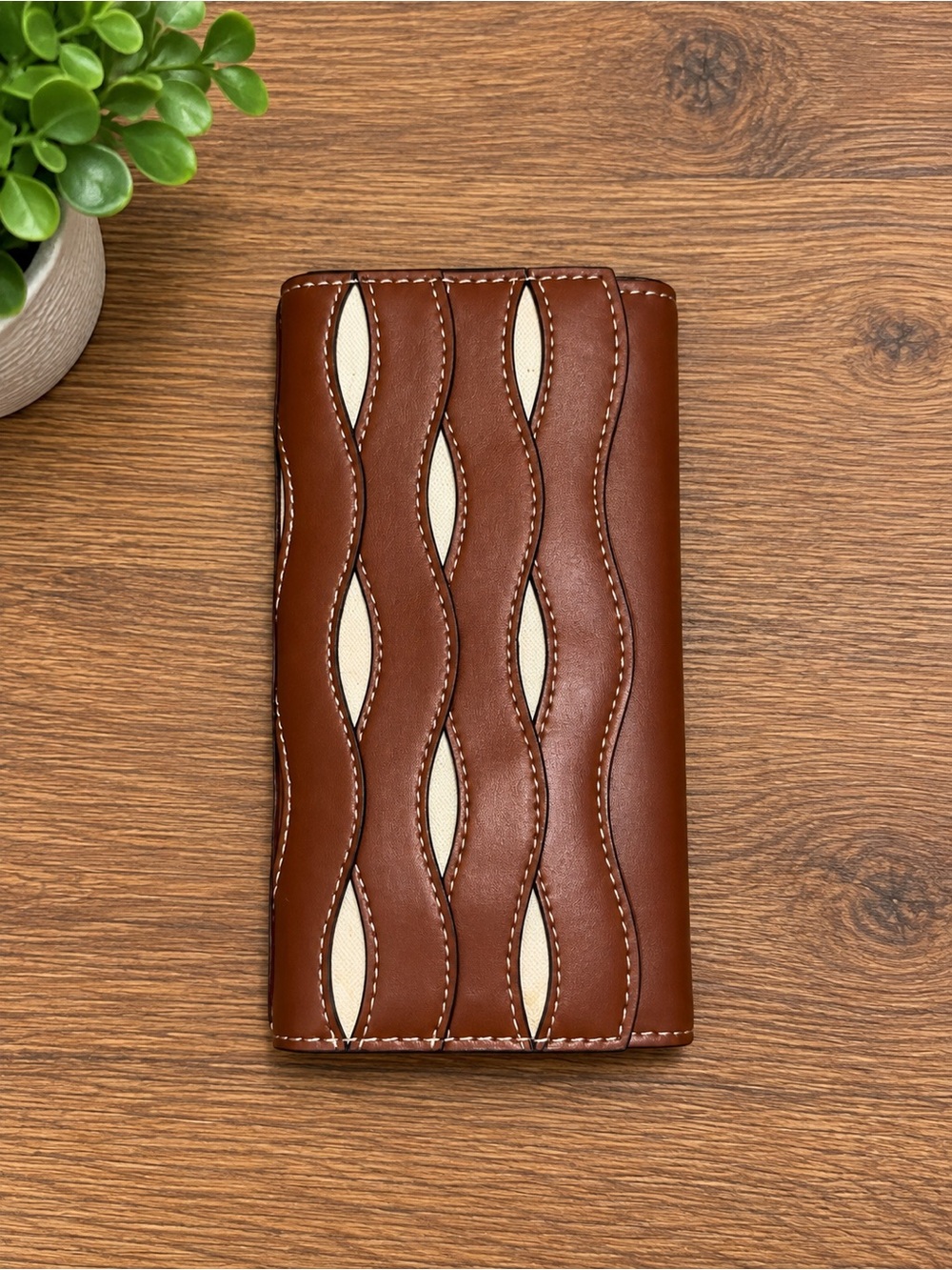 Time and Tru Brown Leather Wave-Accent Long Wallet with Cream Insets